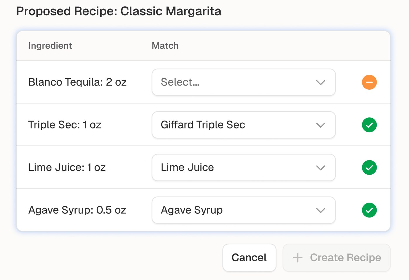 Crafti's proposal card for a Classic Margarita drafted from the uploaded photo: each ingredient matched to an inventory item — triple sec, lime juice, and agave matched, blanco tequila still to pick — with Cancel and Create recipe actions.
