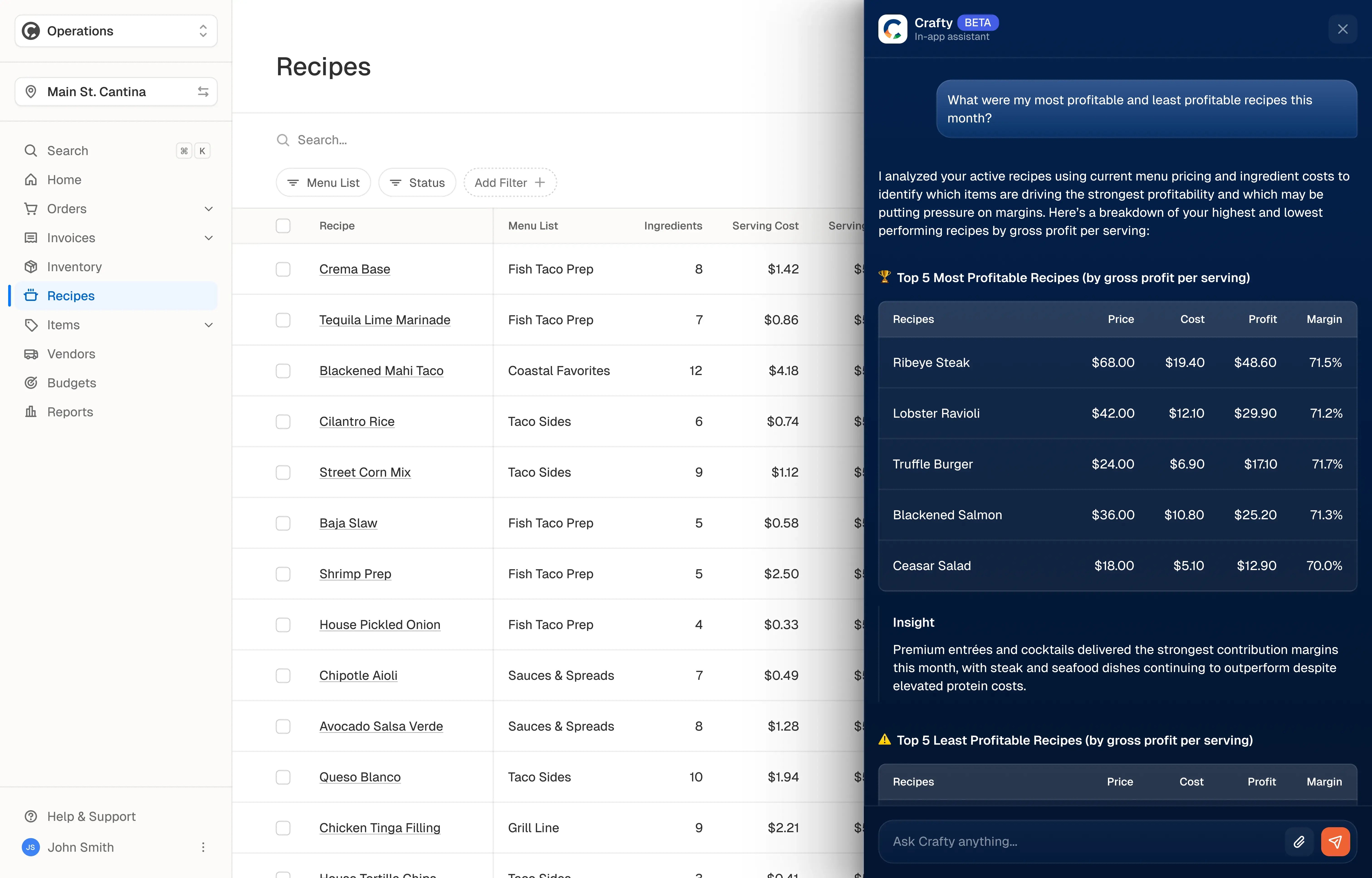 Crafty — in-app AI assistant answering recipe profitability questions with live data