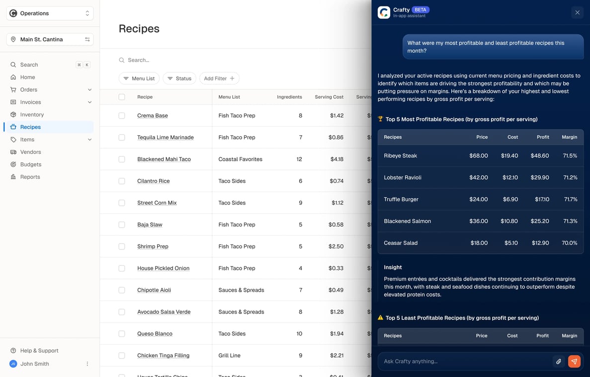 Crafty — AI assistant analyzing recipe profitability