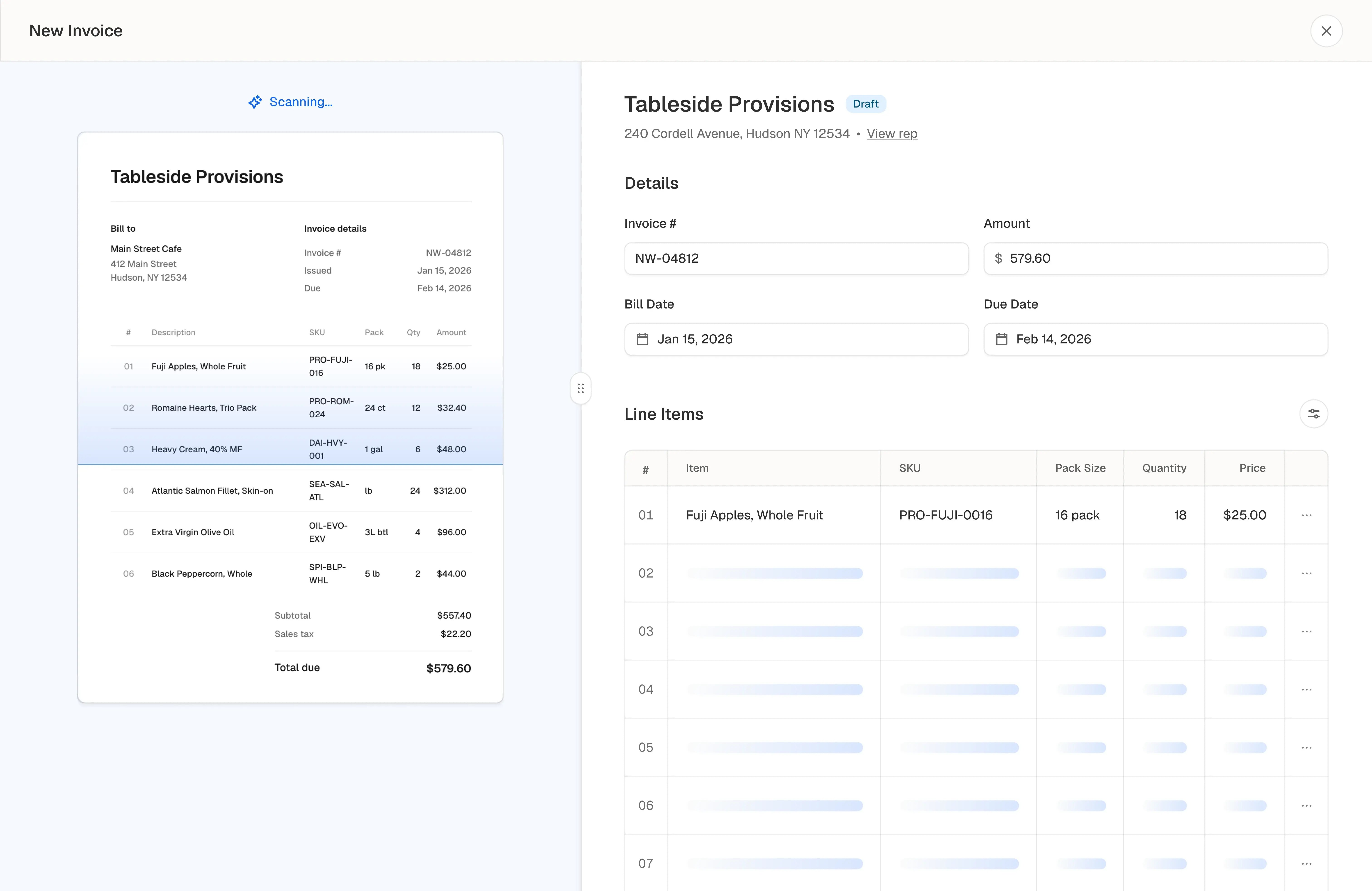 Invoice AI — automated scanning with AI-extracted line items and 3-way match