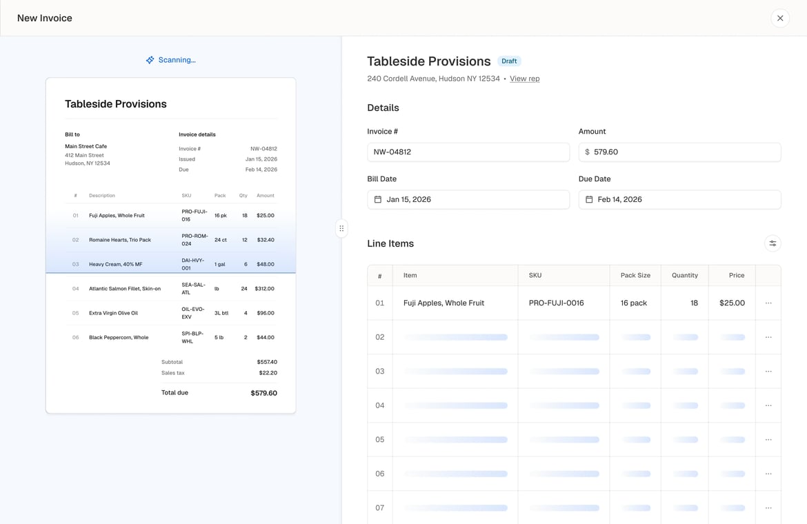 Invoice AI — scanning Tableside Provisions invoice and mapping line items