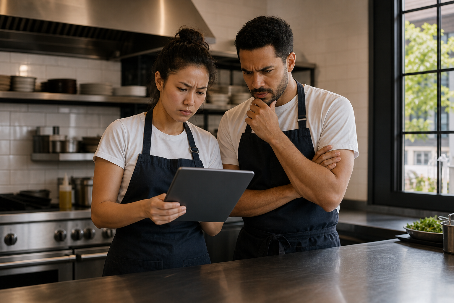 employees looking at tablet